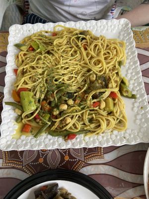 “Spaghetti” (Curry flavoured with a mismatch of cooked vegetables and chickpeas)  at Le Corail at Latifa in Essaouira