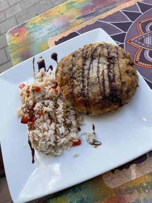 veggie burger lentils chickpeas potatos  at Le Corail at Latifa in Essaouira