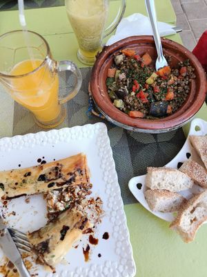Spring Rolls, Vegetable tagine, Orange juice at Le Corail at Latifa in Essaouira