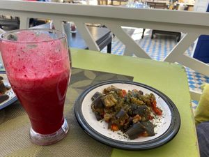 Beet smoothie and eggplant salad  at Le Corail at Latifa in Essaouira