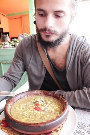 The rice-lentils tajine, still bubbling from the heat  at Le Corail at Latifa in Essaouira