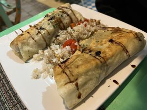 Spring rolls eggplant red pepper  at Le Corail at Latifa in Essaouira