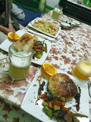 Noodles, springrolls, veggie burger at Le Corail at Latifa in Essaouira
