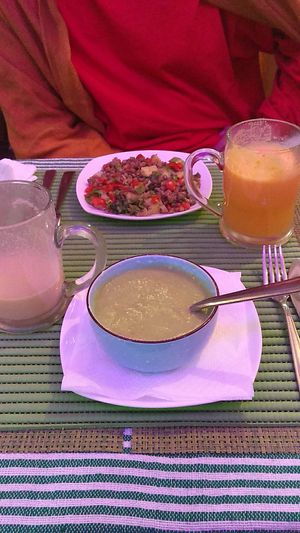 Grogeous Cream.soup with zuchini. Lentils salade. Nuts banana juice + carrot ginger orange juice. OMG so good! at Le Corail at Latifa in Essaouira