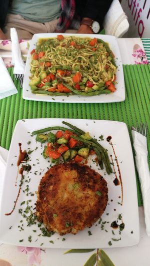 Vegan burger and spaghetti with vegetables at Le Corail at Latifa in Essaouira