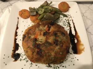 Veggie Burger: Potato, red pepper and mushrooms at Le Corail at Latifa in Essaouira