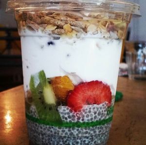vegan chia bowl with fresh fruit coconut youghurt and musli at Des Alpes in Brisbane