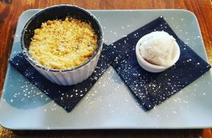 vegan apple crumble and ice-cream  at Just Desserts & Coffee  in Hull