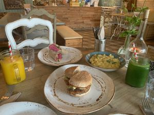 Bean Burger, Beetroot Hummus and avocado wrap and vegan Mac and Cheese  at Little Erth in Dubai
