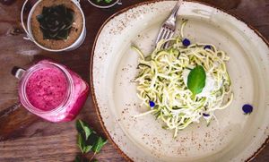 Zesty Spaghetti - raw zucchini spiralled and served with lemongrass cashew paste at Little Erth in Dubai