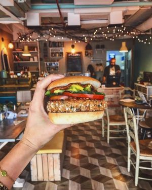 Buddha Burger - veggie burger served with side salad or airfried sweet potatos at Little Erth in Dubai