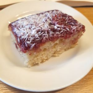 Jammy coconut cake at RSPB Loch Leven Cafe in Kinross