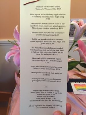 Amazing menu of breakfast delights. All but one special was vegetarian or vegan! at Acacia House Inn in Bar Harbor