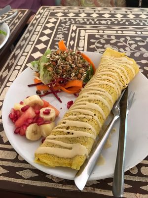 Chickpea crepe stuffed with veggies & scrambled tofu  at Cafe La Boheme in Agonda