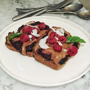 almondbutter & jelly on buckwheat toast at Date + Kale in Helsinki