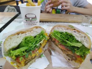 Mock omnimeat cheese burger with truffle fries at NomVnom - Tai Seng in Central Singapore