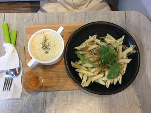 Vinegar, corn soup, and truffle mushroom pasta! at NomVnom - Tai Seng in Central Singapore