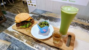 rendang tempeh burger, matcha muffin, fruit vinegar, iced matcha latte at NomVnom - Tai Seng in Central Singapore