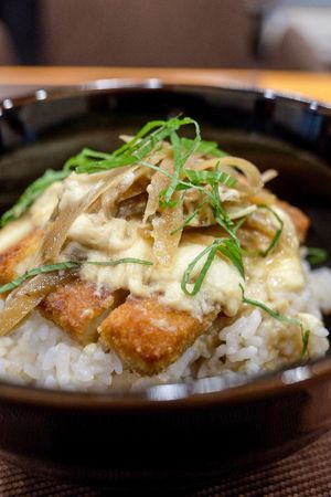 Recommended: Katsu cutlet bowl with tofu as egg at Oribio in Nagoya