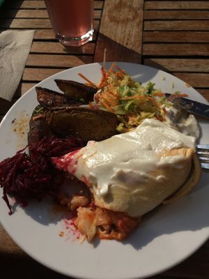 Bean roti with potatoes, pickled beetroot, cabbage, garlic aoli at Iydea in Brighton