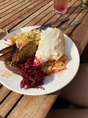 Main (Mexican style roti) with two sides (roast potatoes and I can’t remember the other) at Iydea in Brighton