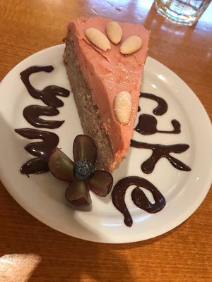 Raspberry and almond vegan cake at Iydea in Brighton