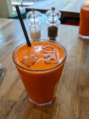 Carrot, orange, lemon and ginger juice at Iydea in Brighton