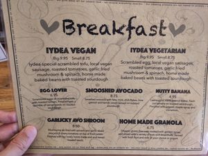 Breakfast menu at Iydea in Brighton