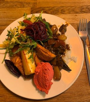 Mushroom stroganoff, vegan pesto pasta salad, picked beetroot and beetroot hummus, vegetable wedges  at Iydea in Brighton