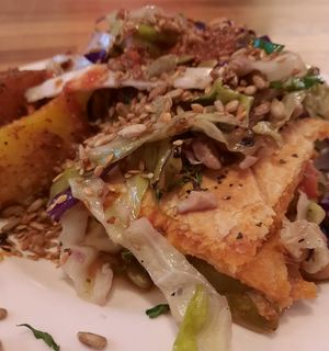 Mediterranean pie with Indian wedges and stirfry veggies at Iydea in Brighton