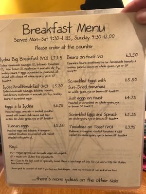 Breakfast menu  at Iydea in Brighton