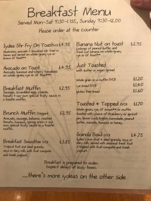 Breakfast menu at Iydea in Brighton