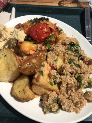 Vegan lasagna as main, potatoes, quinoa salad, spicy vegan aioli and hummus  at Iydea in Brighton