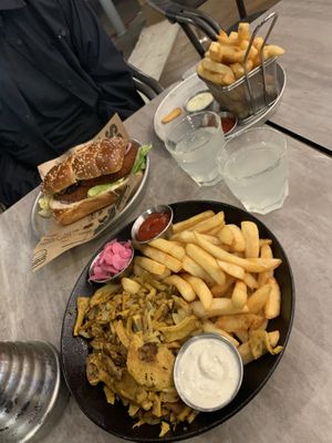 Sharwama plate, Schnitzel in challah and fries  at Goodness in Tel Aviv