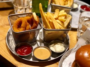 Onion rings and fries at Goodness in Tel Aviv