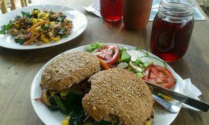 fried veggies (of menu of day) and vegan baguette  at Latitud 17 in Oaxaca