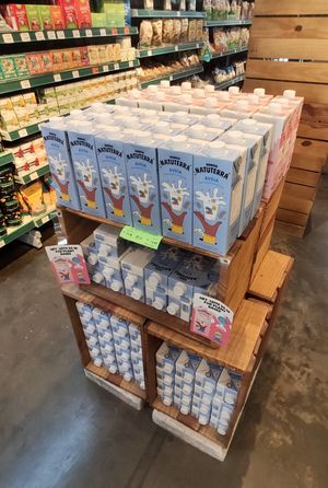 Nice selection of plant based milk options at Olive - Mercadinho Natural in Sao Paulo