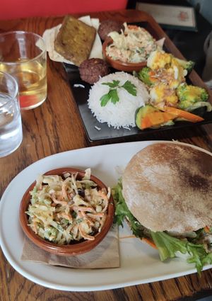 Homemade veggie burger can be made vegan and it’s delicious! Also the coleslaw is amazing.   at Chilimosa in Tarifa