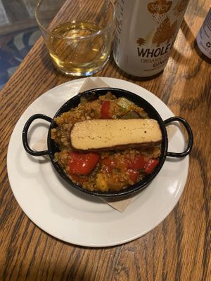 Vegan version of shakshuka, with smoked tofu on top instead of halloumi  at Chilimosa in Tarifa