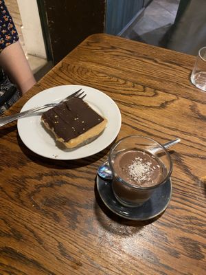 Caramel slice and choco mousse (note the coconut on top!!)  at Chilimosa in Tarifa