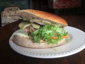 Veggie burger (vegan option with hummus)  at Chilimosa in Tarifa