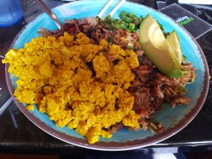 Fried rice bowl with tofu eggs, avocado. (Available for brunch).  at Pieces in St Louis