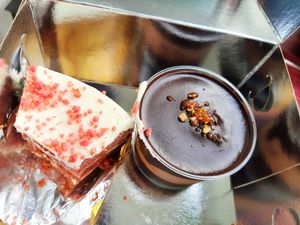 Couldn't wait to try it! Red velvet cake and a chocolate mouse at Pasalidis in Thessaloniki