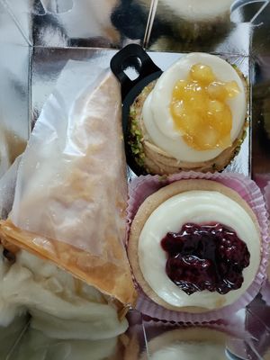 Mango and passion fruit tarts and a custard-filled delight at Pasalidis in Thessaloniki