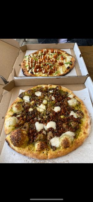 superfunghi & stranger wings pizzas at Virtuous Pie in Portland