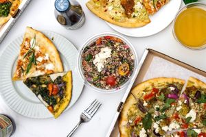 View of salad and pizza options available.  at Virtuous Pie in Portland