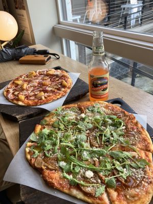 Pineapple in the back and sgt pepperoni closer   at Virtuous Pie in Portland