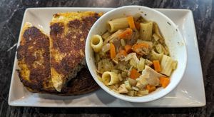 chicken pesto sandwich and chicken noodle soup at Virtuous Pie in Portland