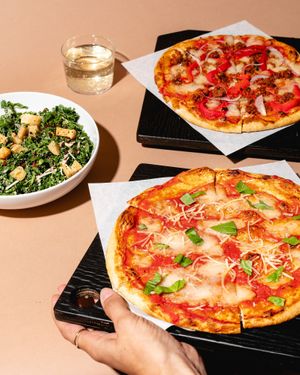margherita pizza & kale caesar salad at Virtuous Pie in Portland