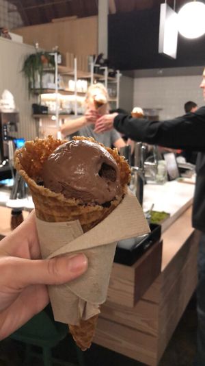 bourbon cherry + chocolate in a waffle cone at Virtuous Pie in Portland